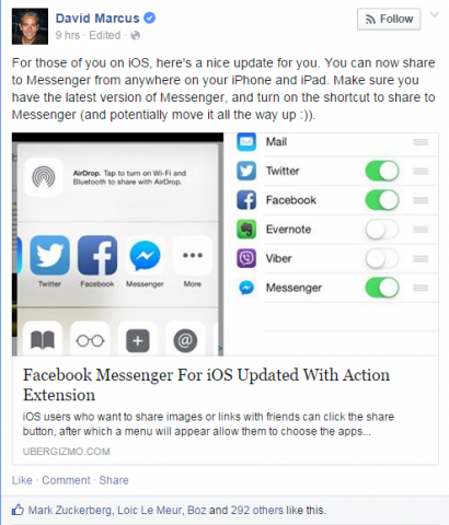 „Uživatelé aplikace Facebook Messenger s iPhony nebo iPady mohou nyní po aktualizaci aplikace pro iOS sdílet fotografie nebo odkazy přímo na aplikaci.“