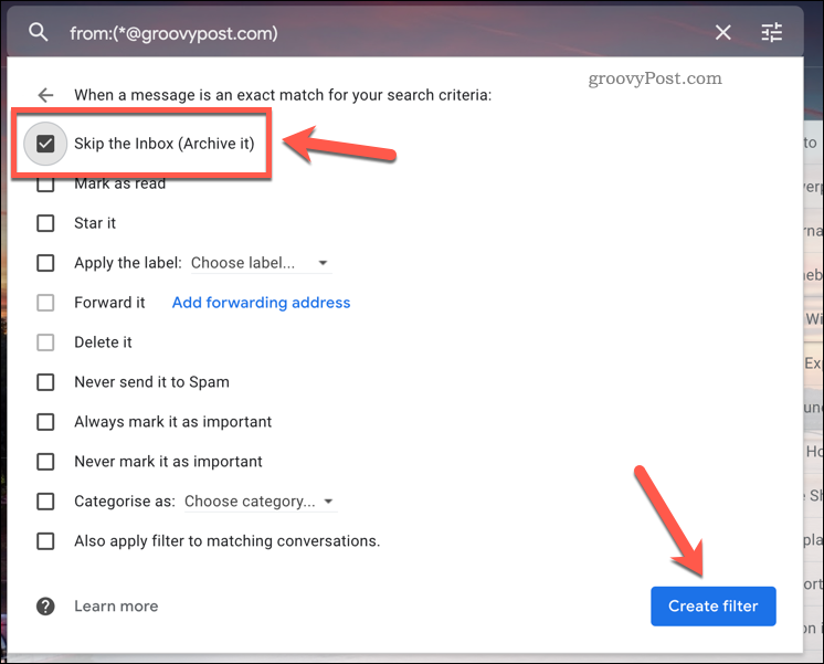 Přeskočení pravidla filtru Gmailu