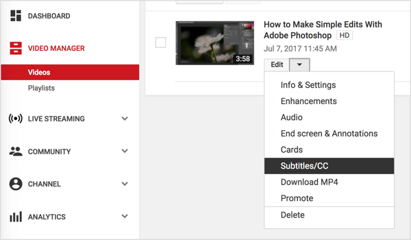 Přejděte na své video z YouTube a v rozbalovací nabídce Upravit vyberte možnost Titulky / CC.