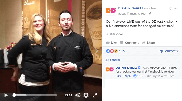 Dunkin Donuts používá Facebook Live video k tomu, aby zavedl fanoušky do zákulisí.