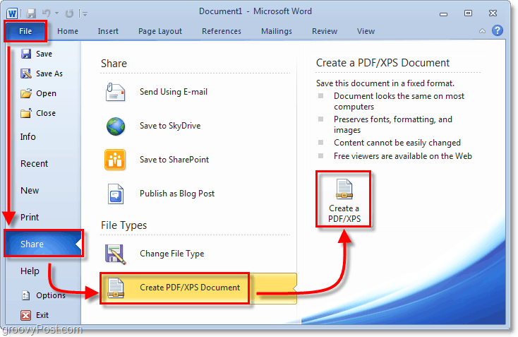 uložit dokument pomocí možnosti sdílení PDF v kanceláři 2010