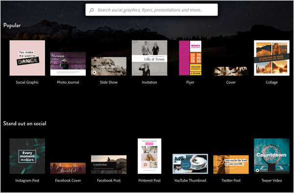 Adobe Spark nabízí řadu šablon, které můžete přizpůsobit svým obrázkům na sociálních médiích.