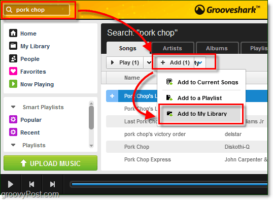 přidejte hledané skladby do hudební knihovny Grooveshark