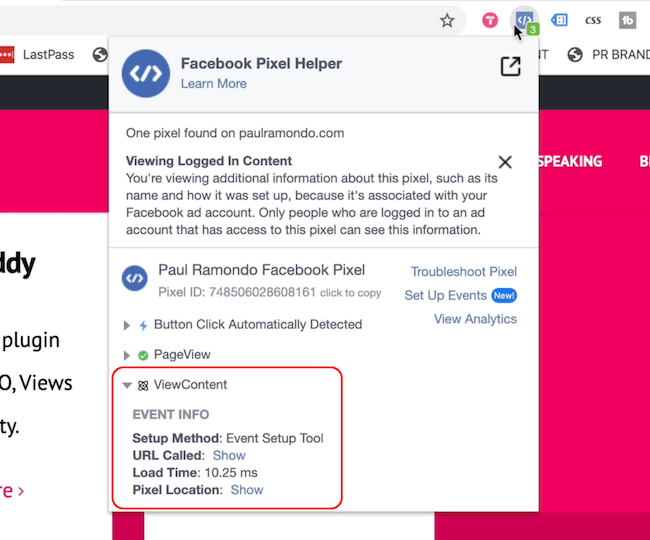 Facebook Pixel Helper zobrazující zobrazení stránky a zobrazení obsahu