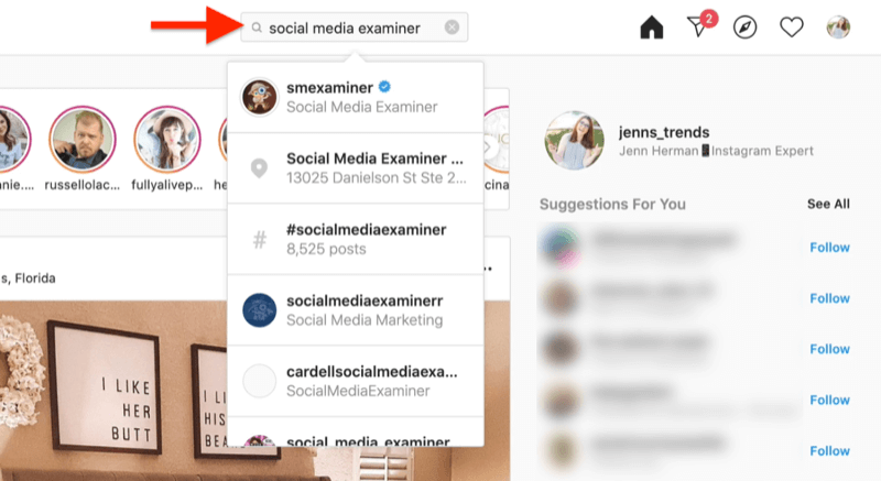 snímek obrazovky počítače zobrazující hledání účtu instagram pomocí vyhledávacích dotazů zkoušejícího na sociálních médiích