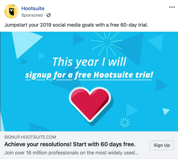 Techniky reklamy na Facebooku, které přinášejí výsledky, například Hootsuite nabízející bezplatnou zkušební verzi