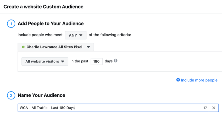 nastavit vlastní publikum na Facebooku pro všechny návštěvníky webu za posledních 180 dní