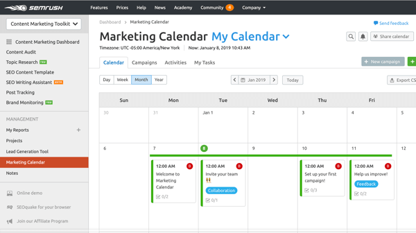 Příklad marketingového kalendáře SEMrush.