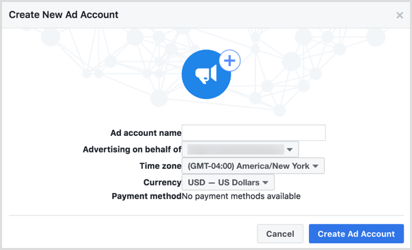 Když budete vyzváni k pojmenování svého nového reklamního účtu na Facebooku, použijte své obchodní jméno.