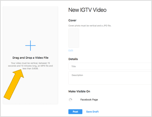 Přetáhněte soubor a nahrajte video IGTV na plochu.