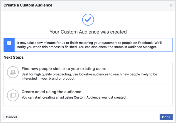 Zpráva Vaše vlastní publikum bylo vytvořeno, která se zobrazí po vytvoření vlastního publika na Facebooku