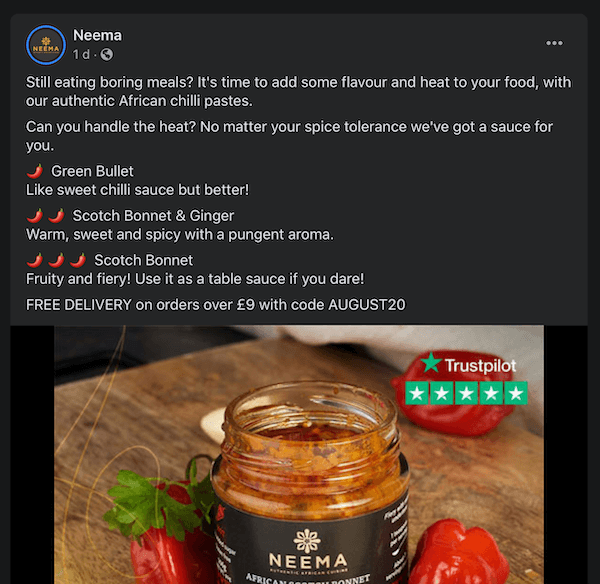 facebookový příspěvek od neema, diskutující o jejich různých chilli pastách a nabízející slevu