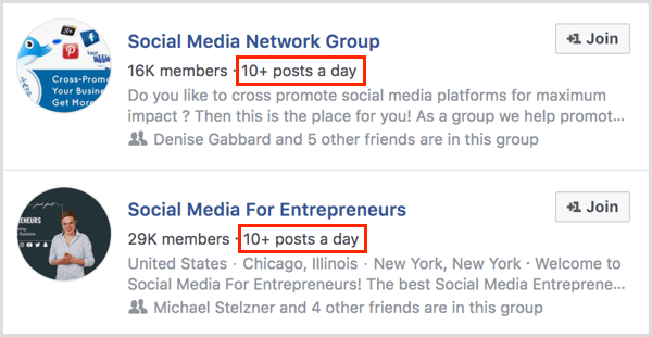 příklady počtu příspěvků za den pro skupinu Facebook