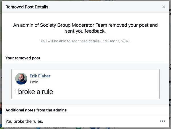 Zdá se, že Skupiny Facebook dávají správcům možnost sdílet důvod, proč byl příspěvek odebrán osobě, která jej zveřejnila.