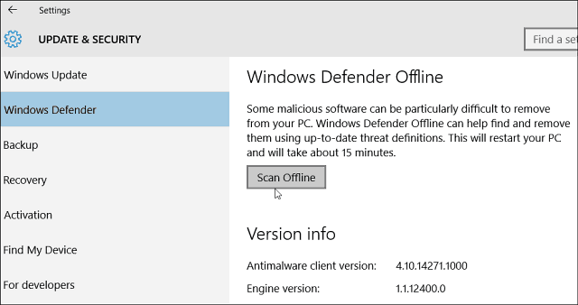 Windows 10 Defender umožňuje offline skenování malwaru