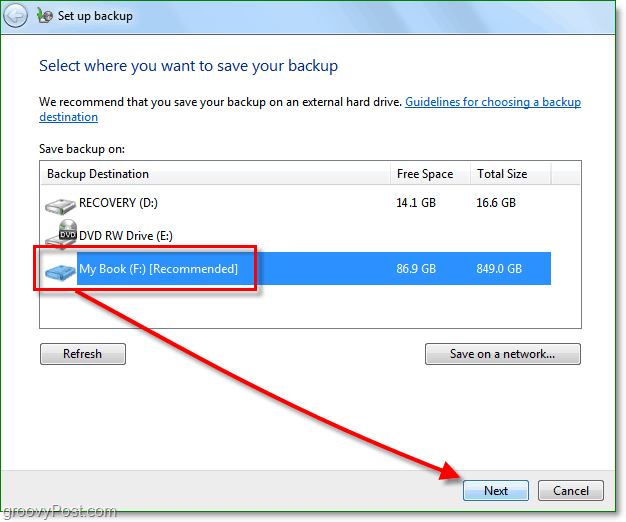 Windows 7 Backup - vyberte umístění zálohy