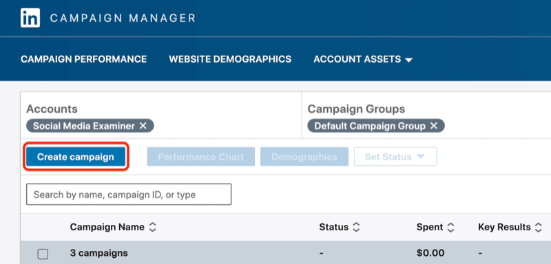 Tlačítko Vytvořit kampaň ve službě LinkedIn Campaign Manager