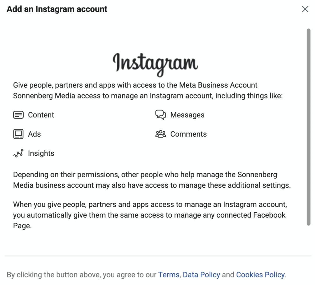obrázek obrazovky Přidat účet Instagram v Meta Business Manageru