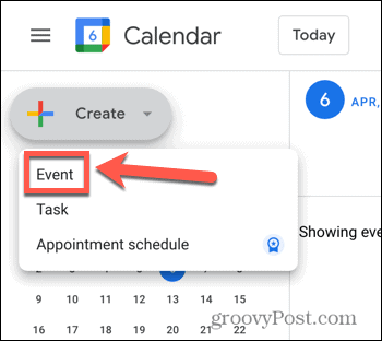 Snímek obrazovky s možností vytvoření události v Kalendáři Google