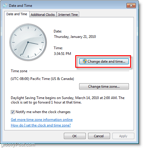 Snímek obrazovky systému Windows 7 - změna data a času