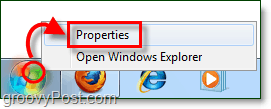 jak otevřít vlastnosti nabídky Start v systému Windows 7 