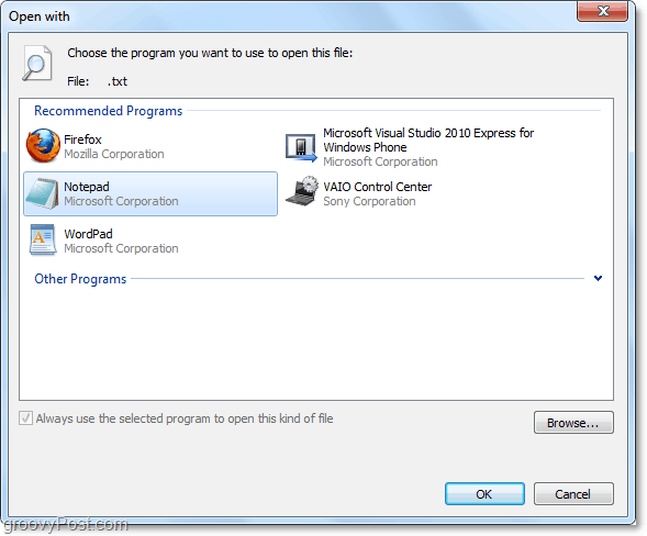 otevřený s menu v systému Windows 7