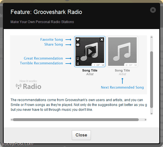 použijte doporučovací stroj Grooveshark prostřednictvím rádia Grooveshark