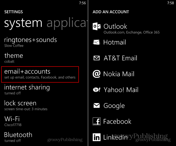 Přidat účet Windows Phone 8