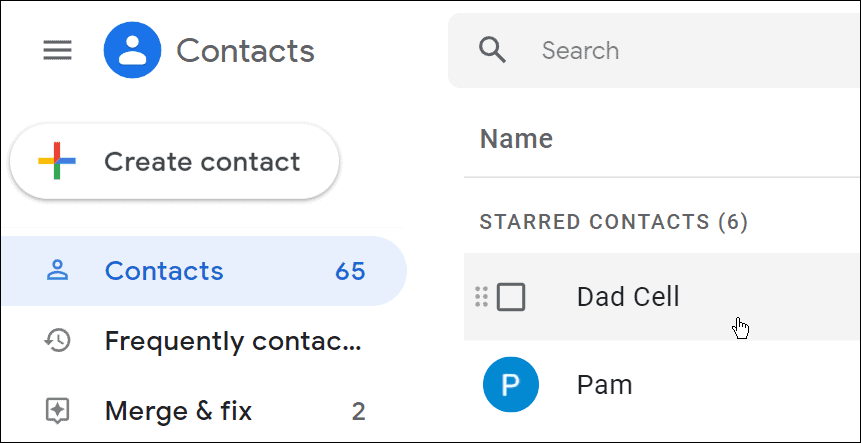 Stránka s kontakty Gmailu