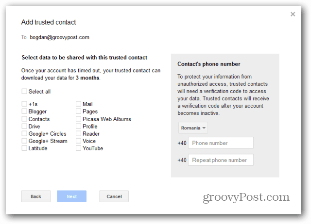 Ověření kontaktu Google Inactive Account Manager