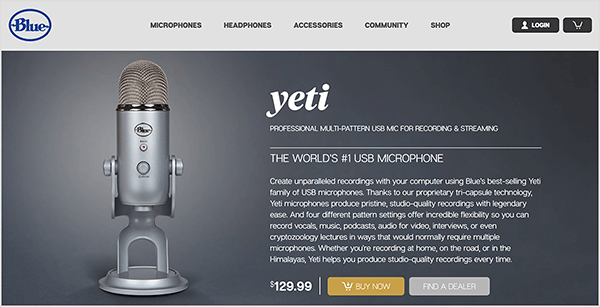 Dusty Porter doporučuje upgradovat na USB mikrofon, jako je Blue Yeti. Na modré prodejní stránce mikrofonu Yeti se na tmavě šedém pozadí zobrazí obrázek chromového mikrofonu na stojanu. Cena je uvedena jako 129,00 $.