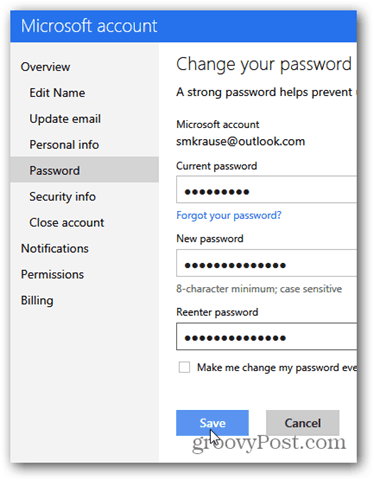 změnit heslo outlook.com - klikněte na změnit heslo