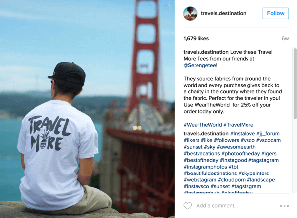 Travels Destination obsahuje produkty Serengetee a informuje sledující o příčině na Instagramu.