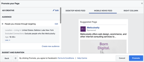 Facebook automaticky vyplní nastavení publika na základě vaší stránky s umístěním. 