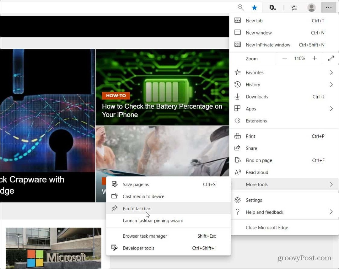 Připnutí webů na hlavní panel Windows z aplikace Microsoft Edge