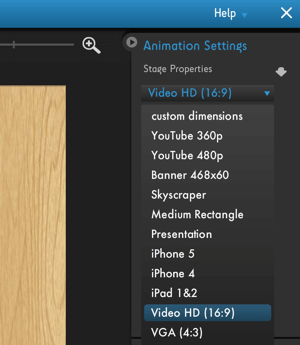 Kliknutím na nabídku Nastavení animace Moovly zobrazíte možnosti optimalizace video platformy.