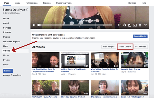 Na své obchodní stránce na Facebooku klikněte na Videa a poté na Knihovna videí a zobrazte všechna svá videa.
