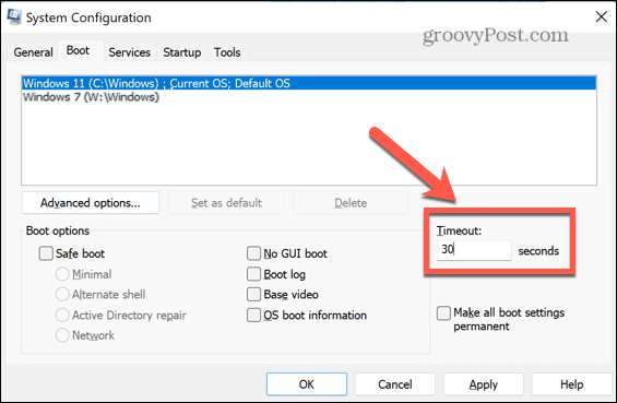 časový limit spouštění systému windows msconfig