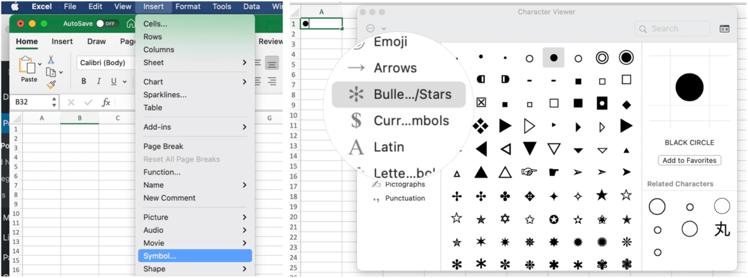 Vložte odrážky do aplikace Microsoft Excel v systému Mac