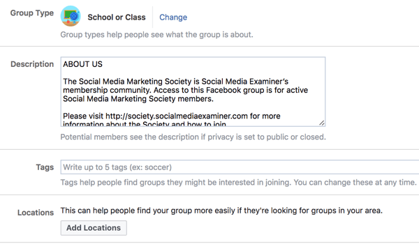 Uveďte další podrobnosti o své skupině na Facebooku, aby ji lidé snáze objevili.