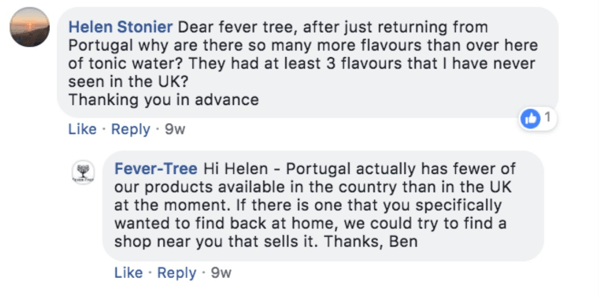 Příklad reakce Fever-Tree na otázku zákazníka na příspěvku na Facebooku.