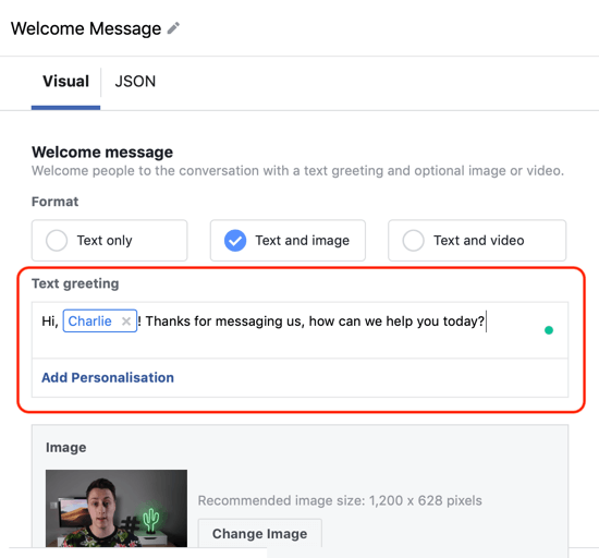 Jak cílit na horké potenciální zákazníky pomocí reklam na Facebooku Messenger, krok 12, příklad přizpůsobení vlastní šablony cíle messengeru
