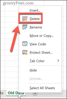 Odstranění listu aplikace Excel