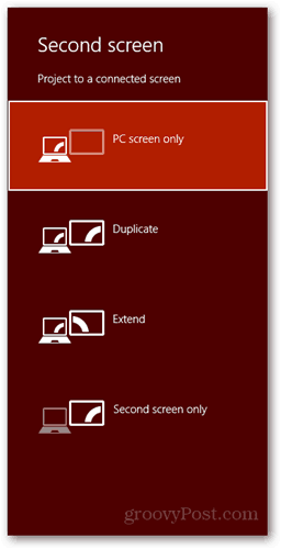  Windows 8 klávesová zkratka připojit nový displej dialogové okno pc duplikát rozšířit pouze druhou obrazovku