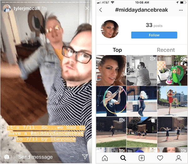 Tyler J. McCall zveřejnil video Instagram Story, které ho ukazuje tančit s titulkem „It’s 7/11. Takže jsme museli mít #middaydancebreak na 7/11 od @beyonce. “ Stránka s hashtagem Instagramu pro #middaydancebreak, zobrazená vpravo, nezobrazí všechny Tylerovy příspěvky s tímto hashtagem a jeho kontext je smíšený s příspěvky od ostatních uživatelů Instagramu, kteří také použili hashtag.