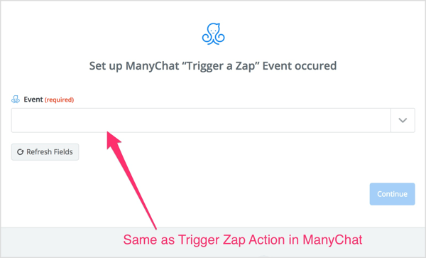 Vyberte akci Trigger Zap, kterou jste vytvořili v toku ManyChat.