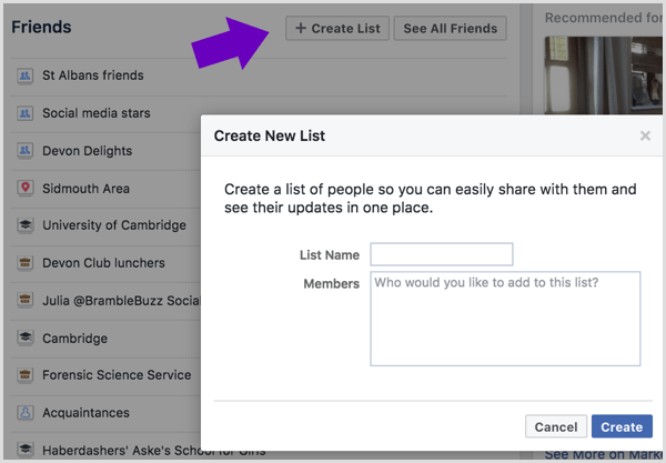 Zadejte název svého seznamu přátel na Facebooku a vyberte, které přátele chcete přidat.