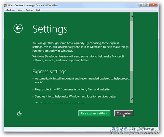 VirtualBox Windows 8 vyjadřuje nebo přizpůsobuje nastavení