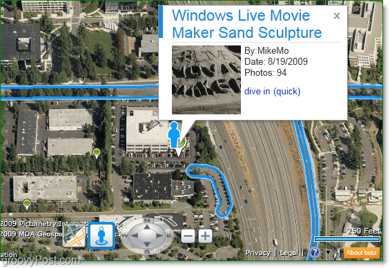 sledujte modré čáry, abyste viděli, kde je ulice k dispozici, a sledujte zelené kolíky pro hotspoty Photosynth