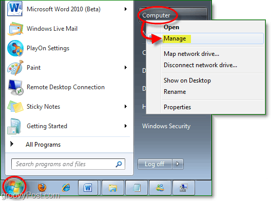 přístup ke správci zařízení z nabídky Start systému Windows 7